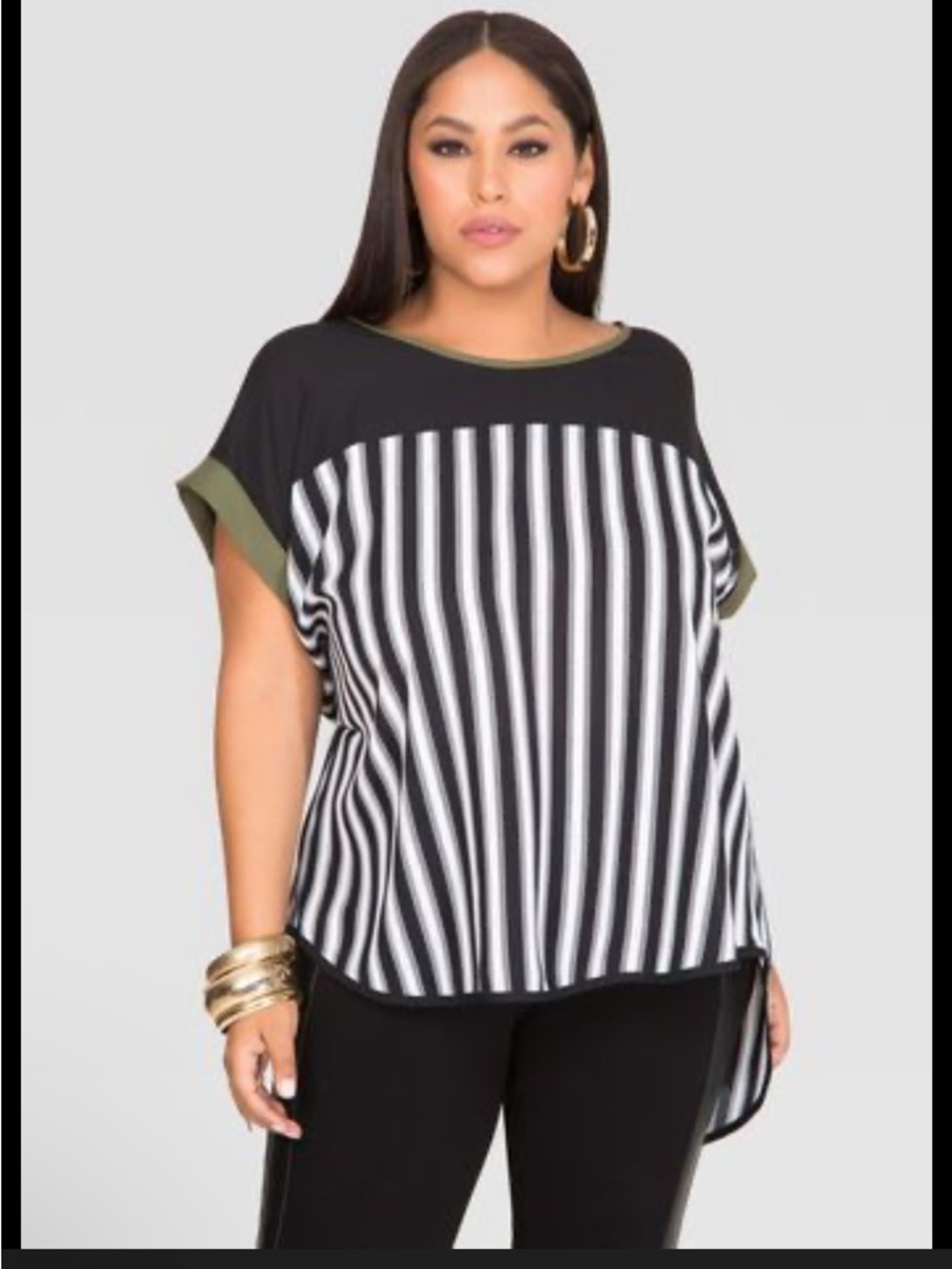 Ashley Stewart Black & White Vertical Stripe Top with Olive Trim